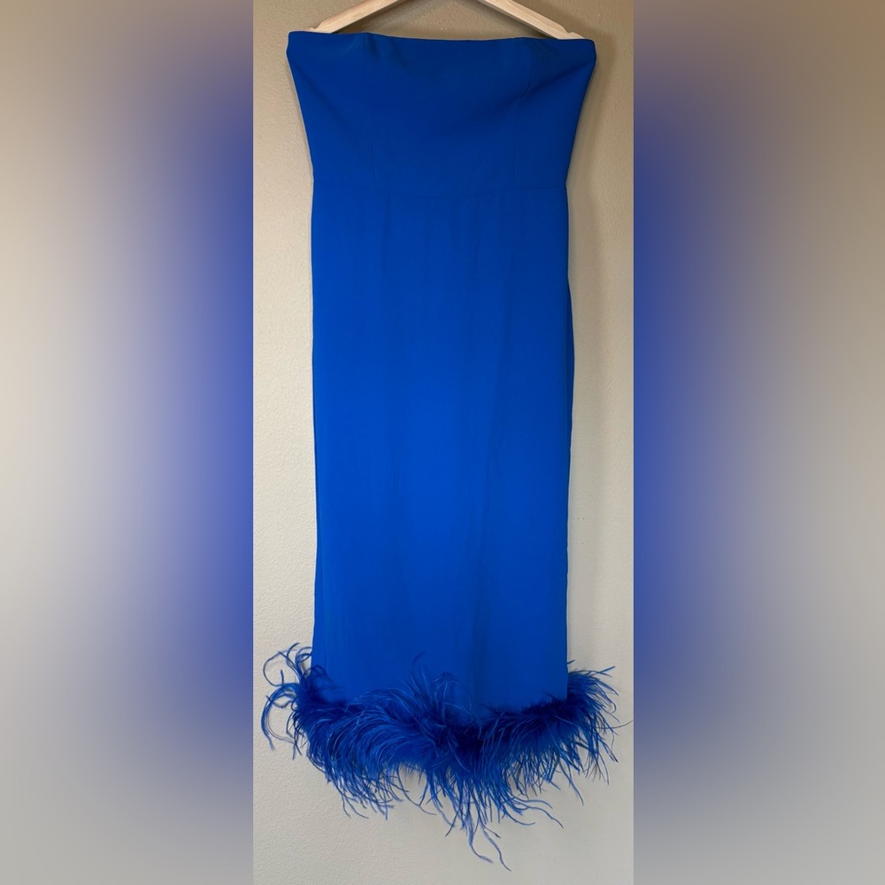 Amanda Uprichard Cobalt Blue Strapless Feather Dress NWOT Size Large - Picture 2 of 8
